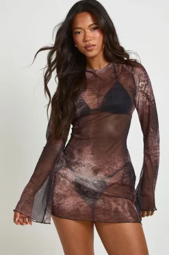 Robe De Plage Mini En Maille Transparente Imprimé Léopard