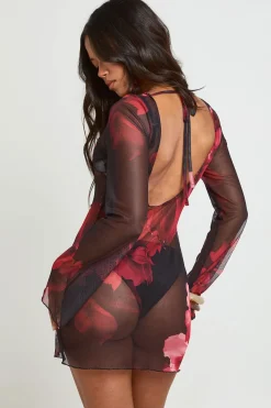 Robe De Plage Mini En Mesh Transparent À Imprimé Floral