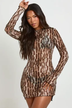 Robe De Plage Mini En Mesh Transparent Imprimé Léopard