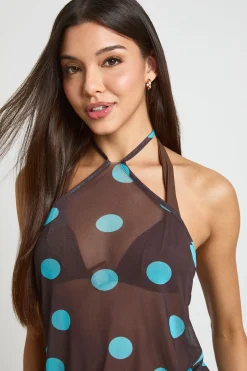 Robe De Plage Mini À Pois En Maille Avec Encolure Licou