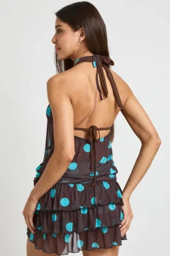Robe De Plage Mini À Pois En Maille Avec Encolure Licou