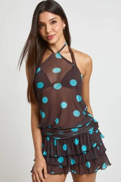 Robe De Plage Mini À Pois En Maille Avec Encolure Licou