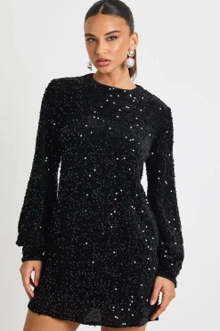 boohoo Robe de soirée shift à manches blouson ornée de paillettes<Femme Robes À Manches Longues|Robes