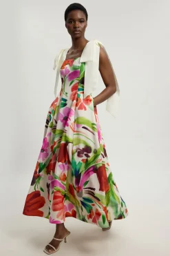 Robe De Soirée Tissée À Imprimé Floral En Viscose Et Lin Petite