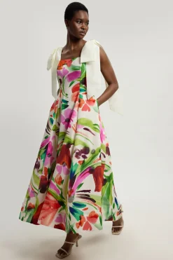 KarenMillen Robe De Soirée Tissée À Imprimé Floral En Viscose Et Lin<Femme Robes Mi-Longues|Robes Bal De Promo