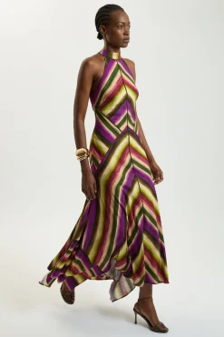 KarenMillen Robe Dos-nu Mi-longue Tissée En Mélange De Coton À Rayures Fluides Multicolores<Femme Toutes Les Robes|Robes