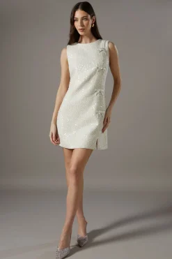 Robe Droite Bouclé à Sequins avec Nœuds