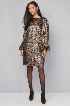 Robe Droite à Col Bénitier Léopard Métallisé