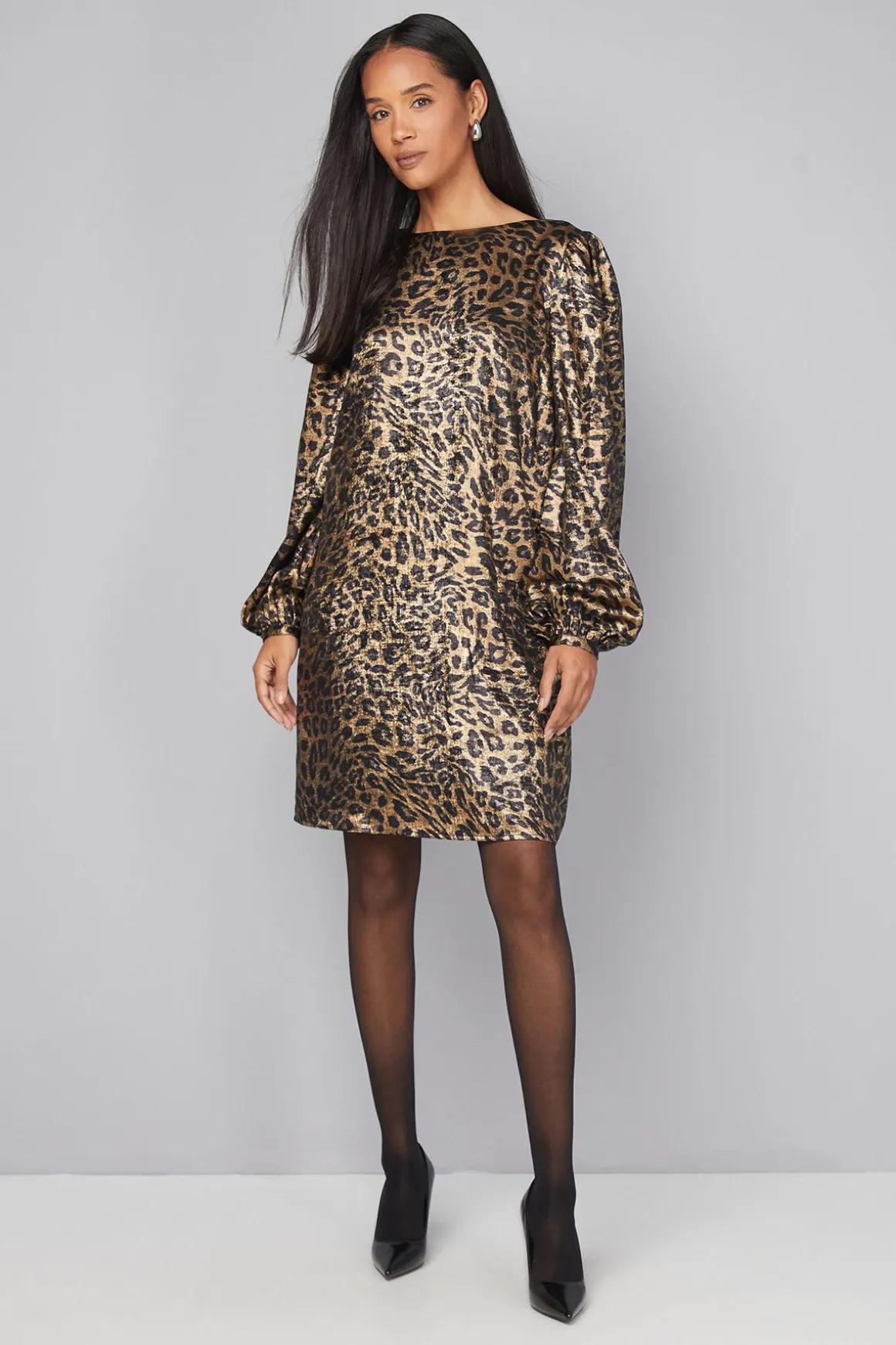 Robe Droite à Col Bénitier Léopard Métallisé
