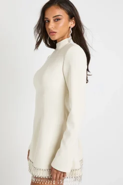 Robe Droite À Col Montant Et Ourlet À Franges Ornées