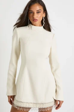 Robe Droite À Col Montant Et Ourlet À Franges Ornées