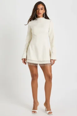 Robe Droite À Col Montant Et Ourlet À Franges Ornées