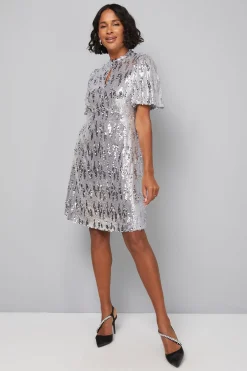 Robe Droite à Col Montant à Paillettes