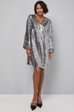 Robe Droite à Col V avec Sequins Mélangés