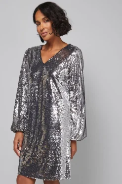 Robe Droite à Col V avec Sequins Mélangés