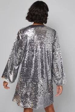 Robe Droite à Col V avec Sequins Mélangés
