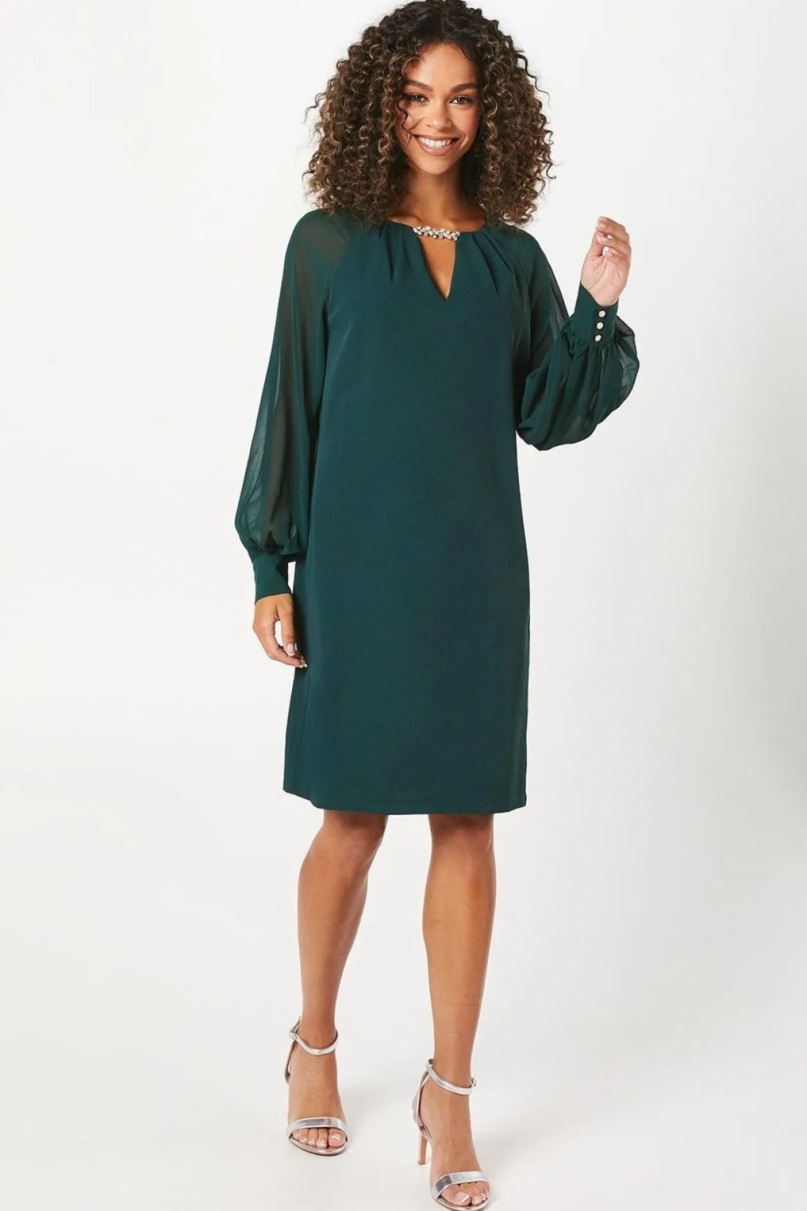 Robe Droite de Cérémonie à Manches en Mousseline et Décolleté Orné de Sequins