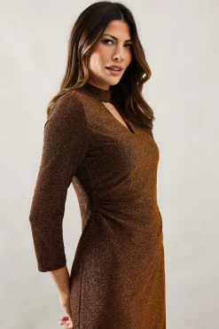Robe Droite de Soirée à Col Montant en Jersey Pailleté