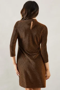 Robe Droite de Soirée à Col Montant en Jersey Pailleté