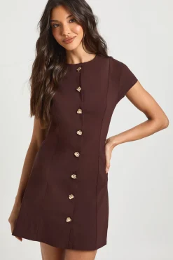 Robe Droite en Bengaline à Manches Courtes avec Garniture de Boutons Dorés
