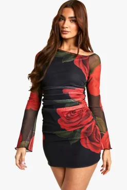 boohoo Robe droite à encolure fendue et imprimé floral en maille<Femme Robes À Manches Longues|Robes