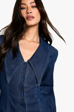 boohoo Robe droite en denim à détail de col haut<Femme Denim|Denim
