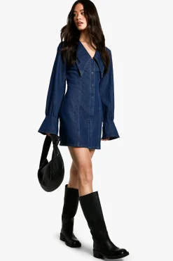 boohoo Robe droite en denim à détail de col haut<Femme Denim|Denim