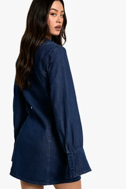 boohoo Robe droite en denim à détail de col haut<Femme Denim|Denim