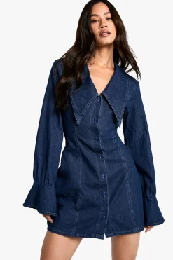 boohoo Robe droite en denim à détail de col haut<Femme Denim|Denim