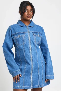 Robe Droite en Denim Grande Taille avec Fermeture Éclair