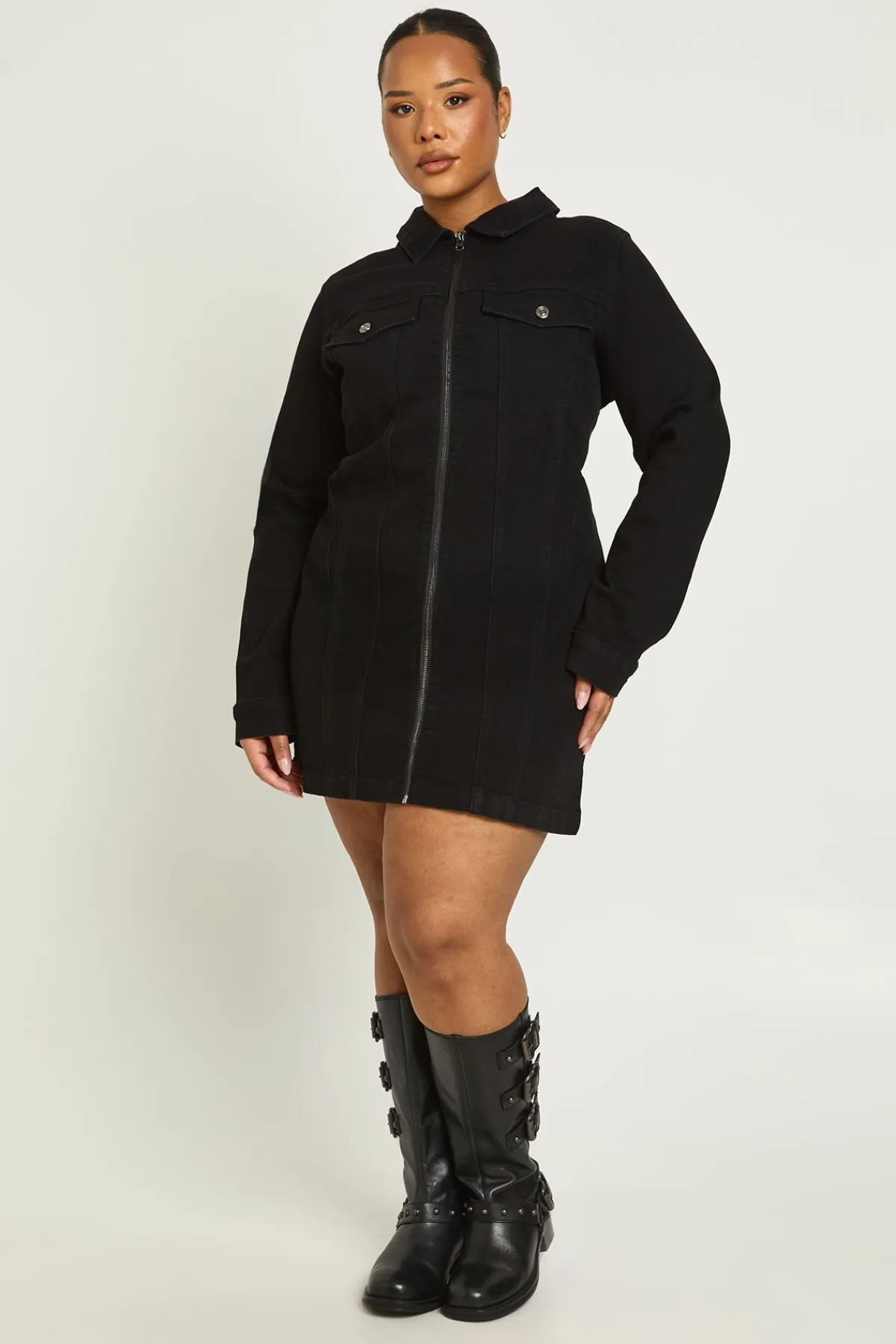 boohoo Robe Droite en Denim Plus avec Fermeture Éclair<Femme Denim|Denim