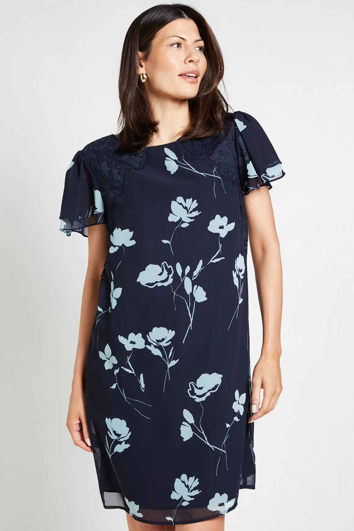 Robe Droite À Fleurs Avec Dentelle Et Manches À Volants