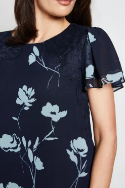 Robe Droite À Fleurs Avec Dentelle Et Manches À Volants