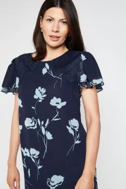 Robe Droite À Fleurs Avec Dentelle Et Manches À Volants