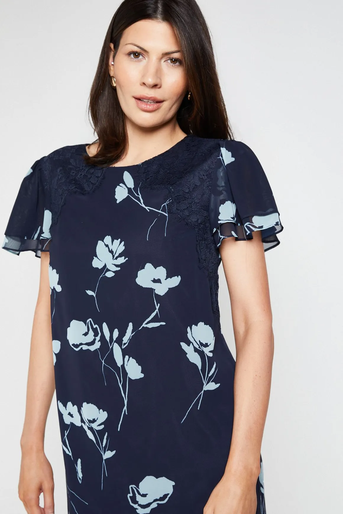 Robe Droite À Fleurs Avec Dentelle Et Manches À Volants