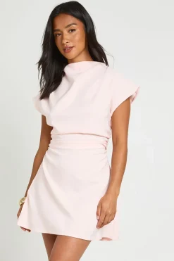 Robe Droite Froncée Petite Taille Col Montant Manches Courtes