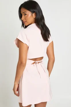 Robe Droite Froncée Petite Taille Col Montant Manches Courtes