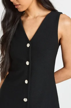 Robe Droite Haute Col V À Boutons Dorés