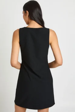 Robe Droite Haute Col V À Boutons Dorés