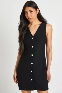 Robe Droite Haute Col V À Boutons Dorés