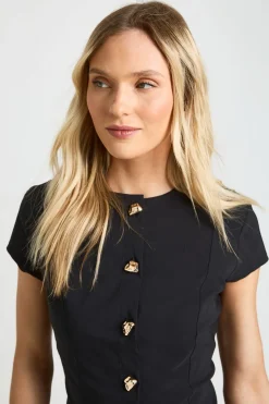 Robe Droite À Manches Courtes Avec Boutons Dorés En Bengaline Petite