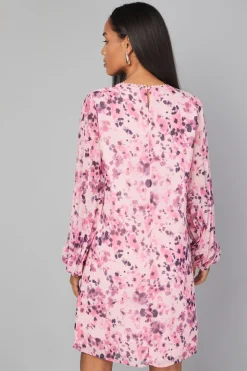 Robe Droite à Manches Plissées et Finitions en Dentelle