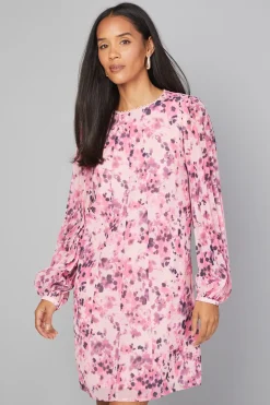 Robe Droite à Manches Plissées et Finitions en Dentelle