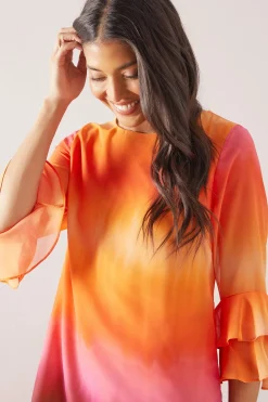 Robe Droite à Manches Évasées Imprimé Ombré