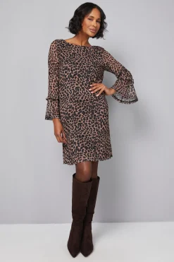 Robe Droite à Manches Volantées en Maille Léopard