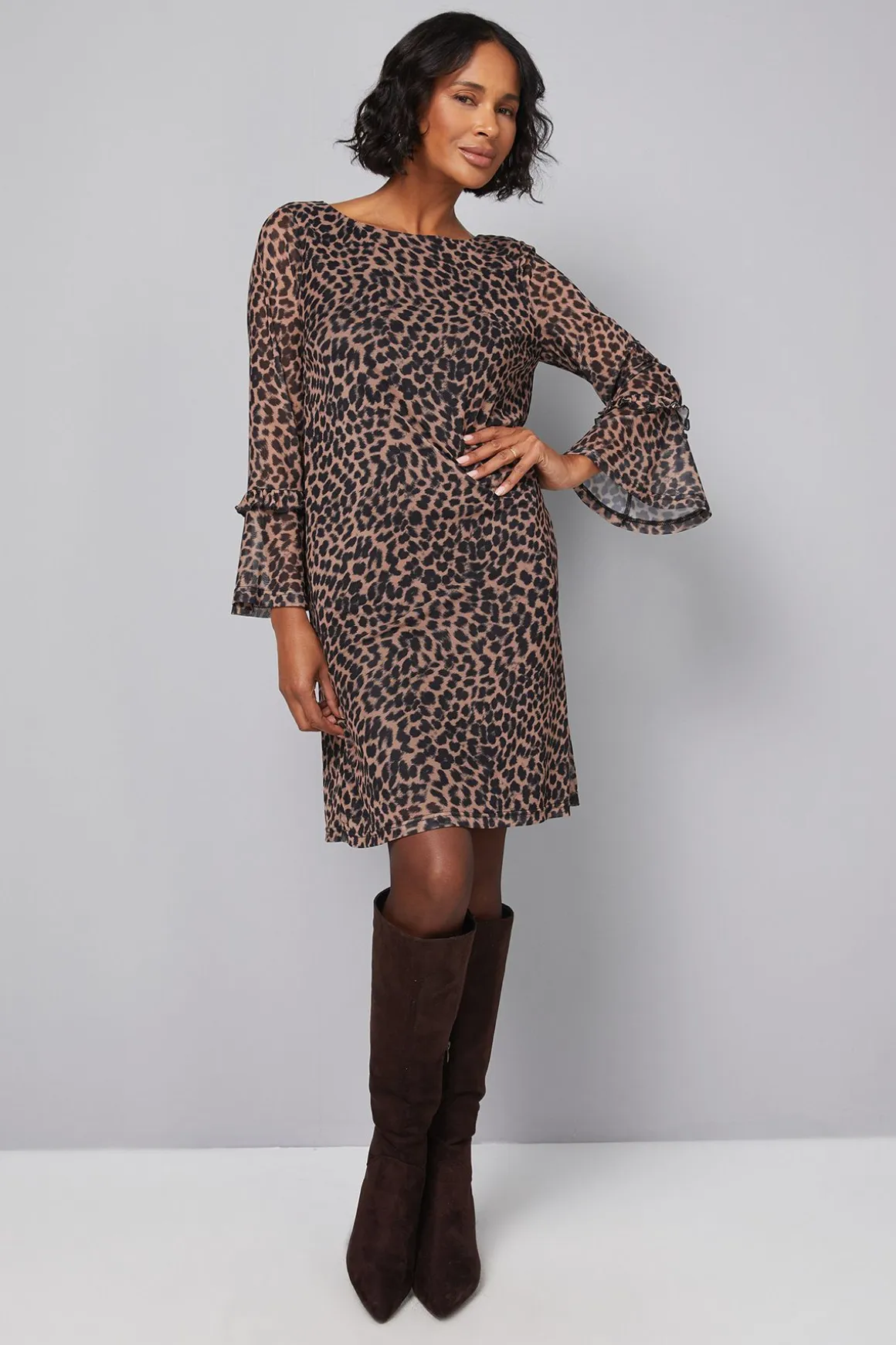 Robe Droite à Manches Volantées en Maille Léopard