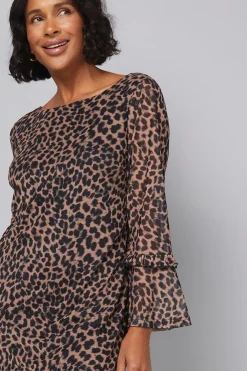 Robe Droite à Manches Volantées en Maille Léopard