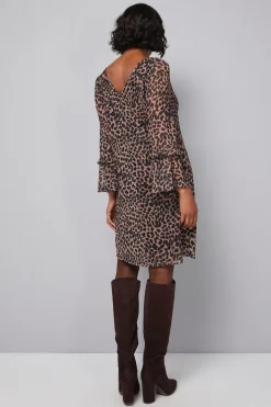 Robe Droite à Manches Volantées en Maille Léopard