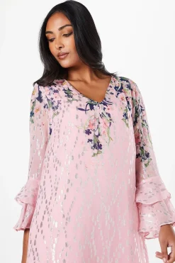Robe Droite à Manches Volantées Métallisée Florale Petite