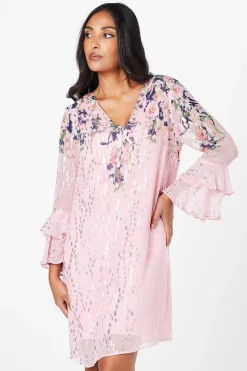 Robe Droite à Manches Volantées Métallisée Florale Petite
